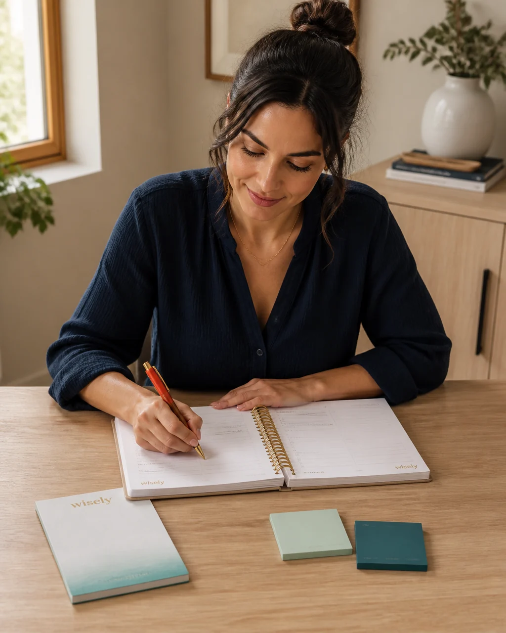 Woman writing in a Wisely planner at a light wooden desk with pastel stationery