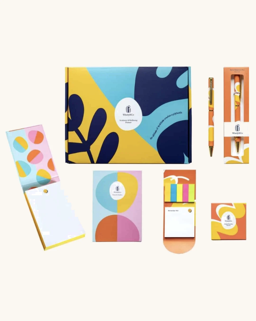The full Joy Jot Set — planner box, notepad, greeting card, sticky notes and pens