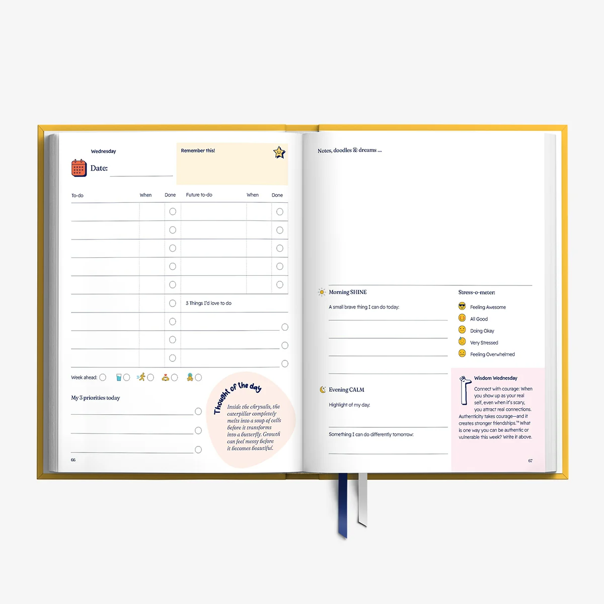 Two-page daily layout inside the Wisely planner