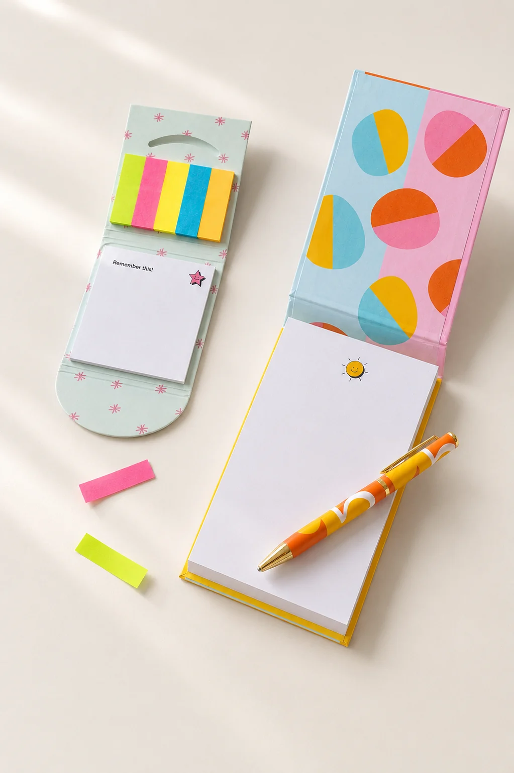 Wisely sticky notes, notepad and patterned pen arranged on a warm cream surface