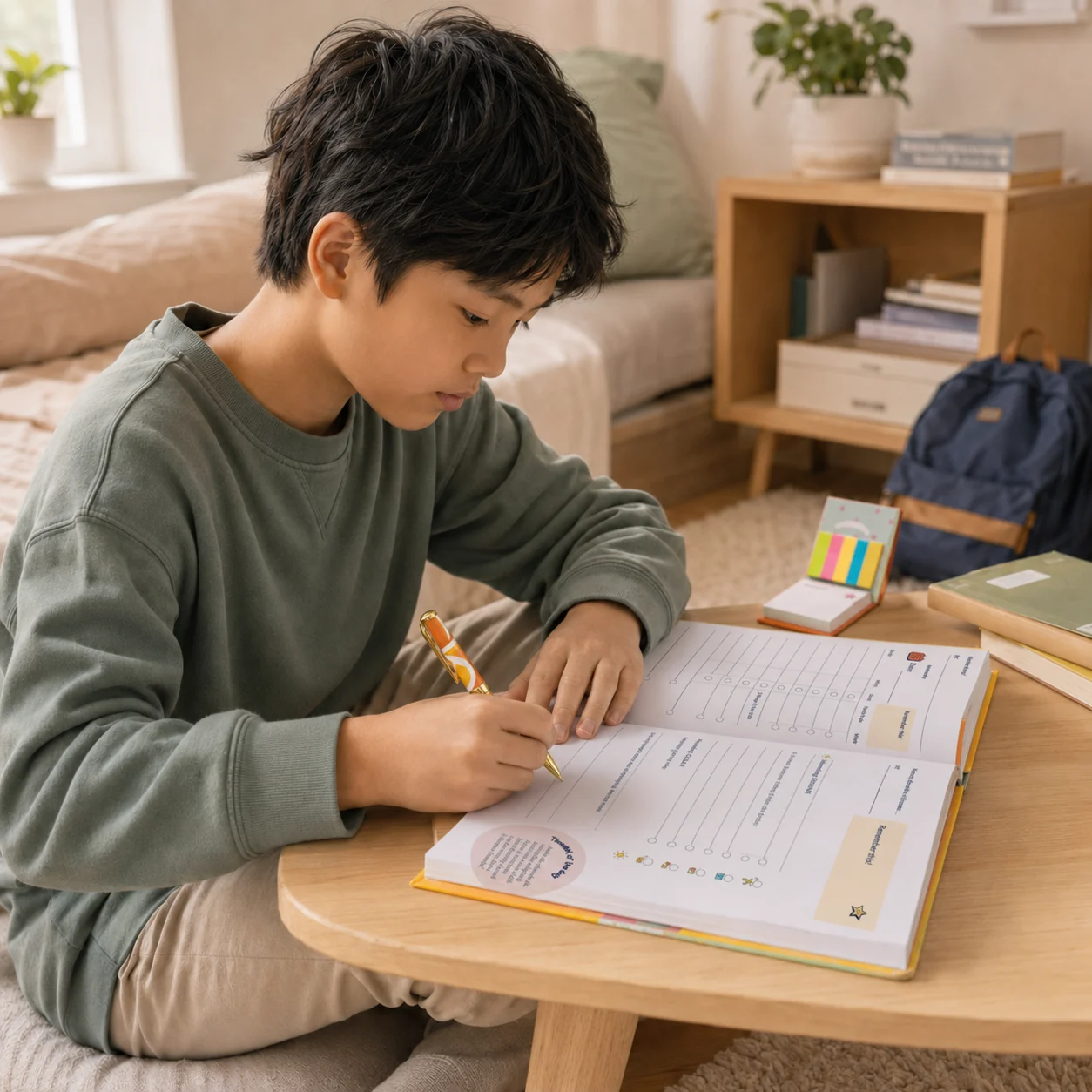 Student writing in the Wisely planner at a low table with sticky notes and backpack
