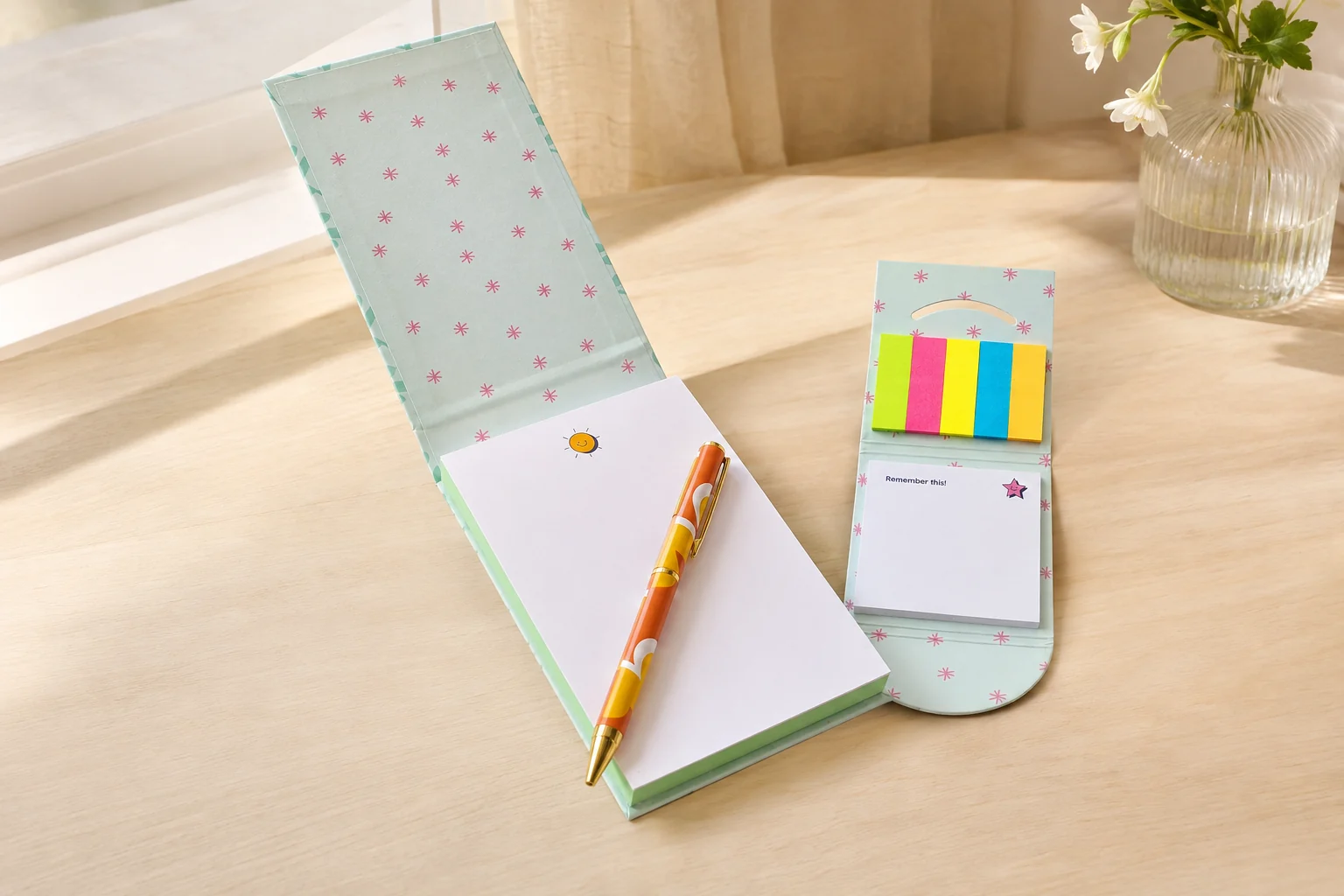 The Notes & Doodles notepad open with the Wisely & Co pen and sticky notes on a sunlit desk