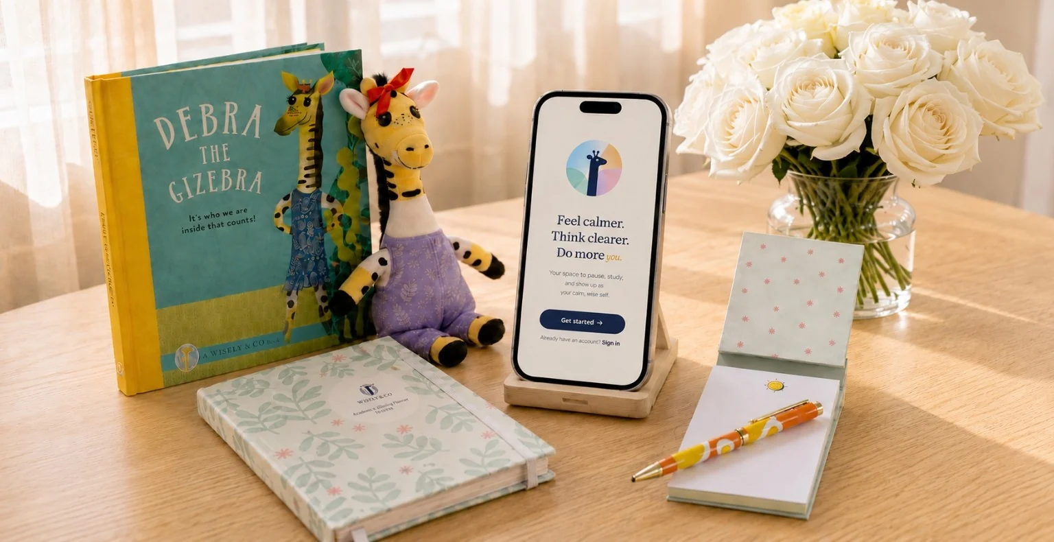 Wisely products on a sunlit desk: Debra the Gizebra, planners, stationery and the HeyWisely app
