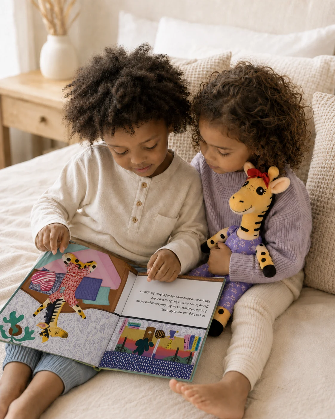Two children reading the Debra book with the soft toy