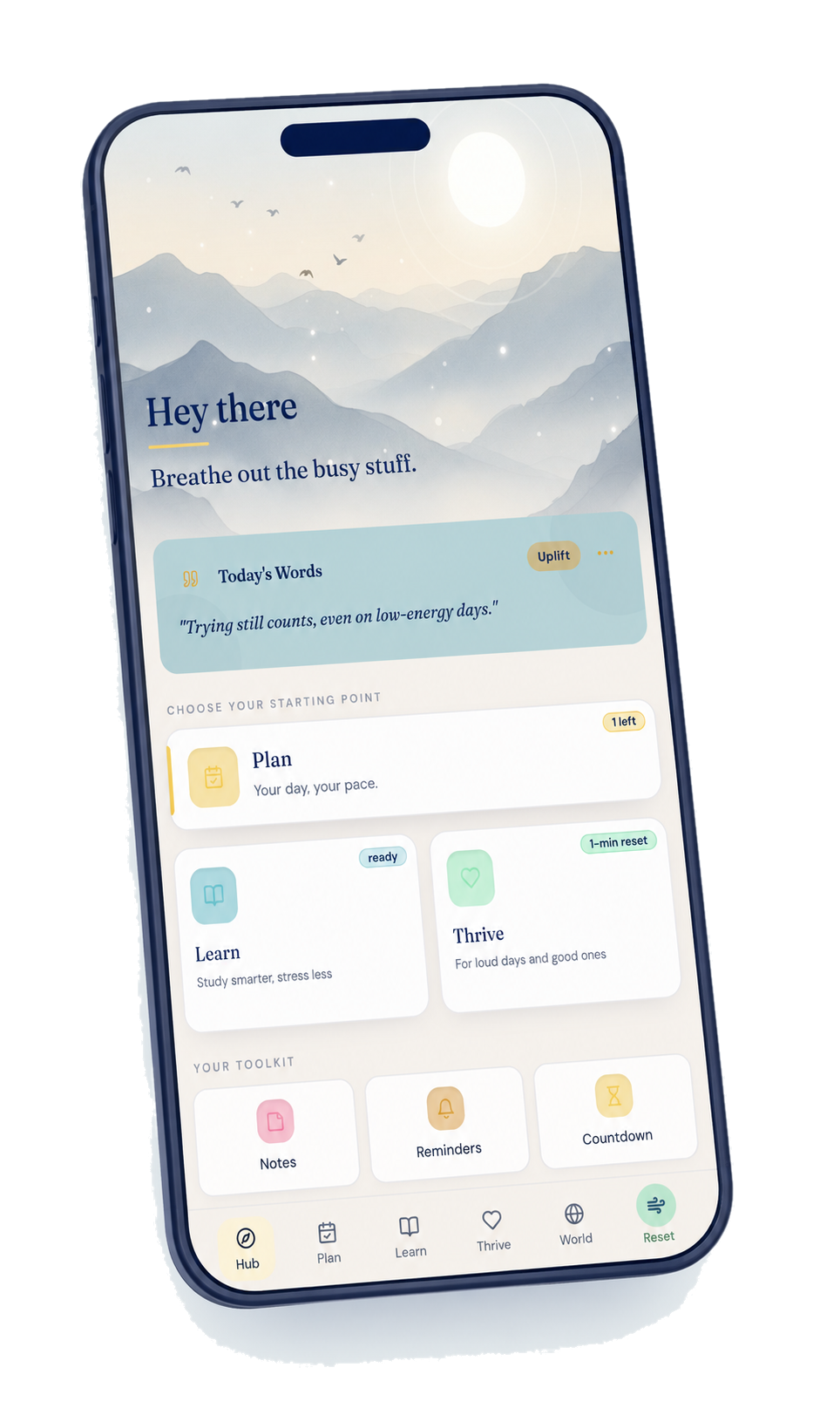 HeyWisely app dashboard on a phone: Hey there — breathe out the busy stuff